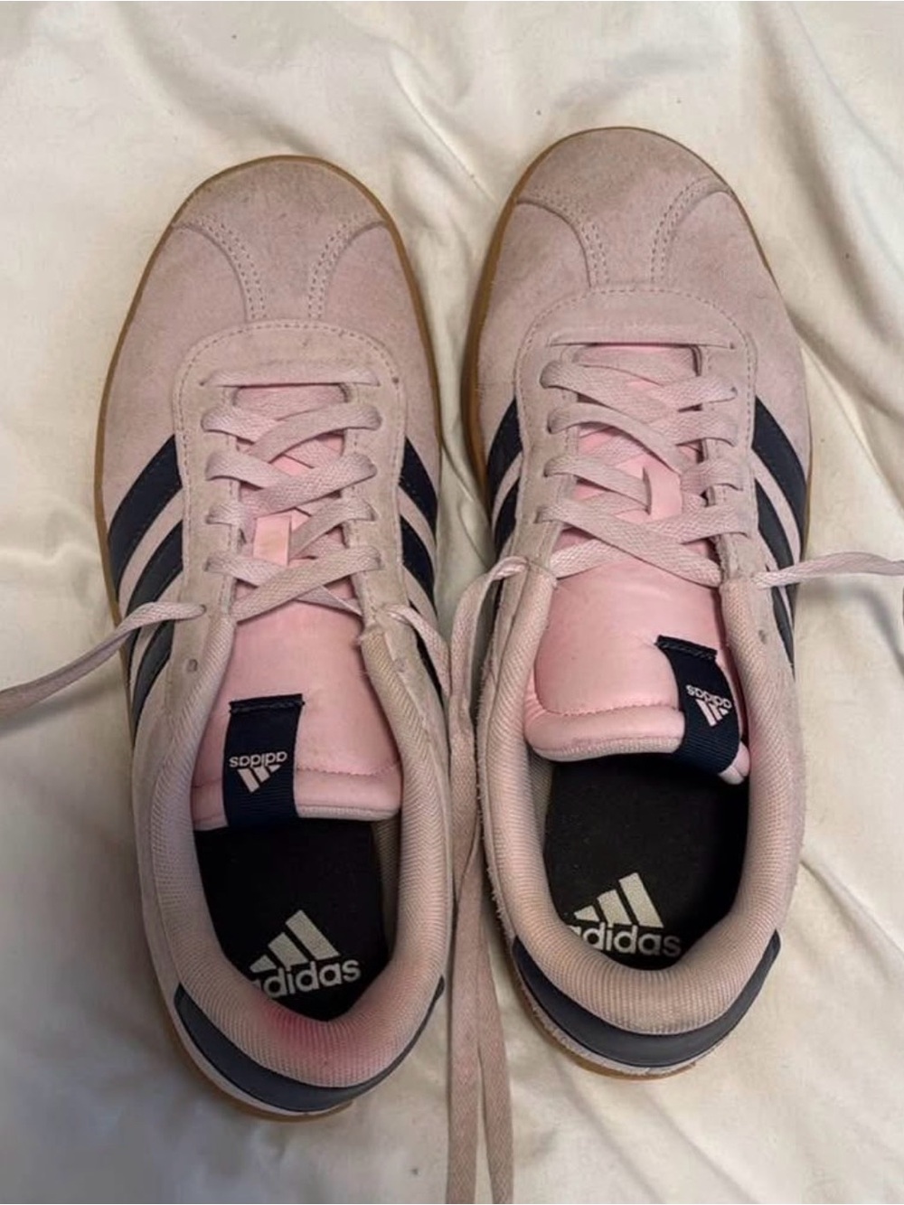 adidas Women’s Light Pink Court Suede Sneakers with Navy Stripes